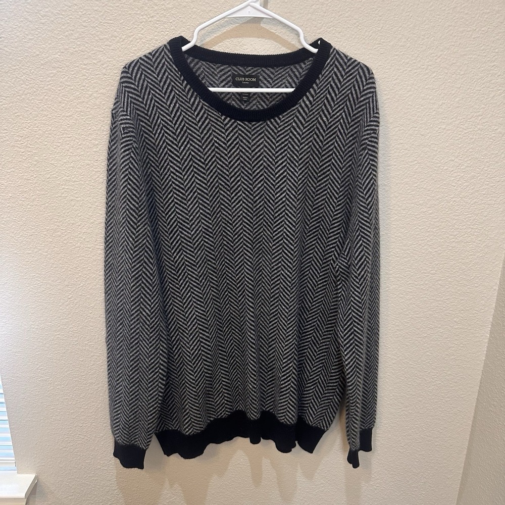 Club Room Black Gray Herringbone 100% Cashmere Sweater XL Crew Neck Preppy